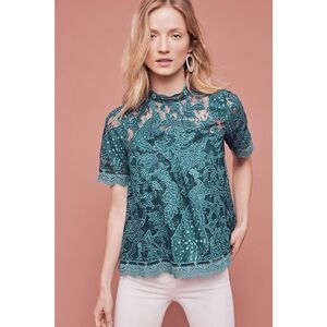 Anthropologie HD in Paris Green lace meadow short sleeve blouse size US 4